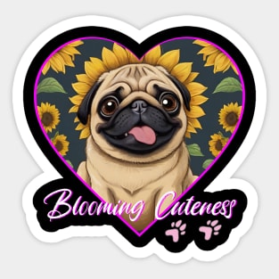 BLOOMING CUTENESS  PUG IN HEART SHAPE WITH SUNFLOWERS Sticker